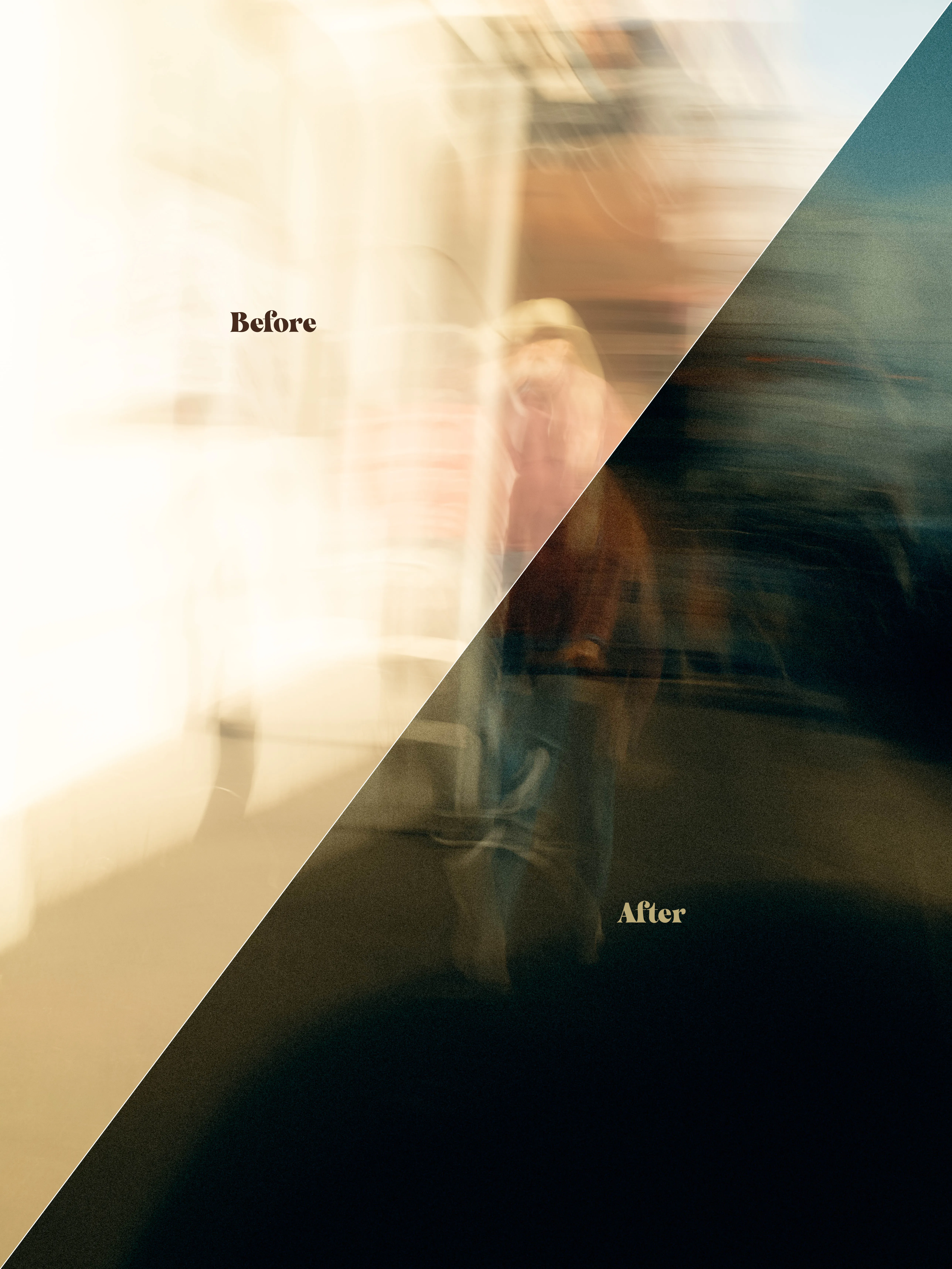Diagonal before-and-after split showing the Cine Streets preset applied to a blurred street scene — the pale, overexposed before in the upper-left giving way to deep shadow-rich cinematic tones in the after below.