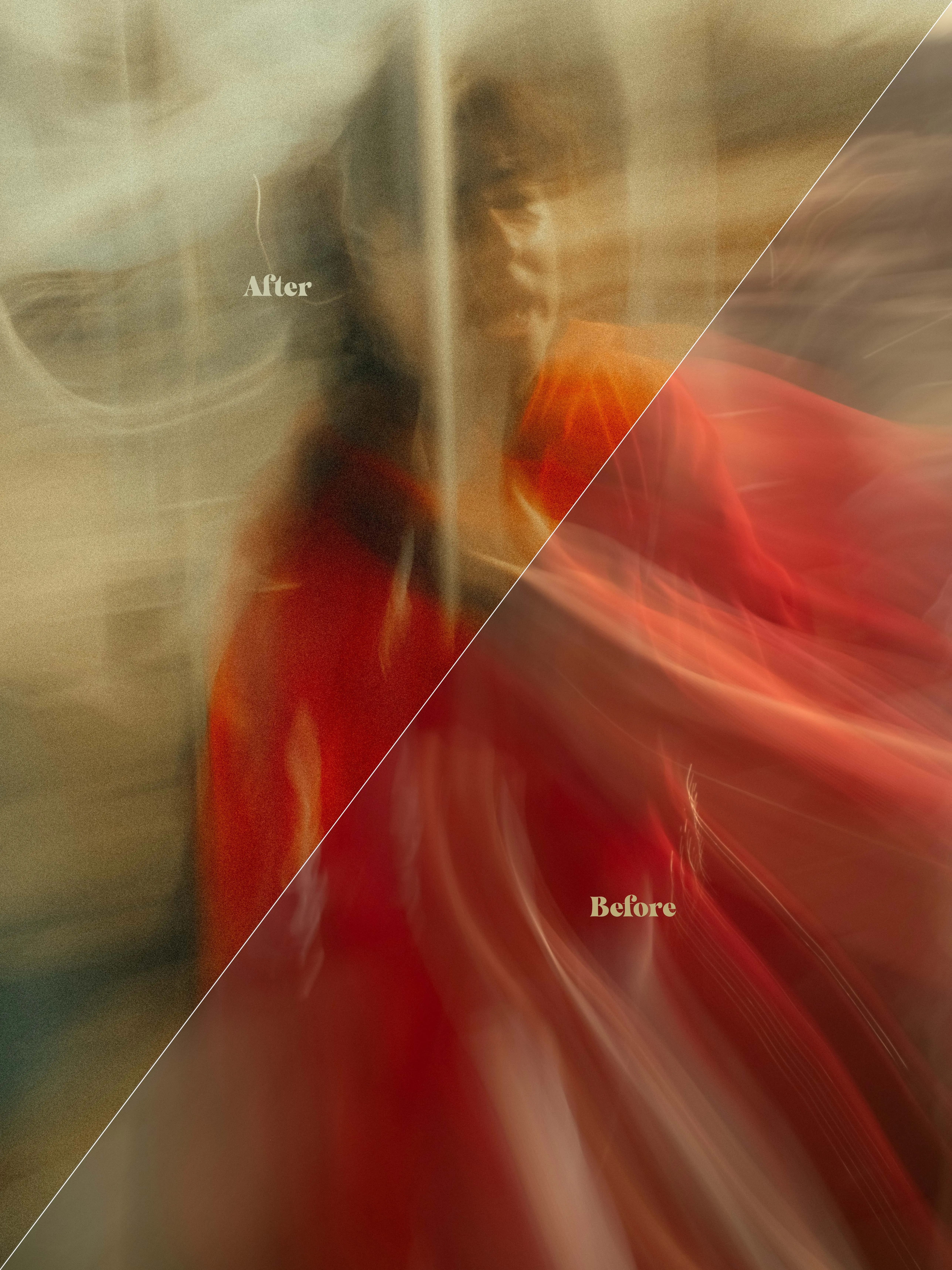 Diagonal before-and-after split revealing the Cine Streets preset transforming the orange-robed motion-blur figure — the cooler, moodier after occupying the upper-left while the vivid high-contrast before burns in the lower-right.