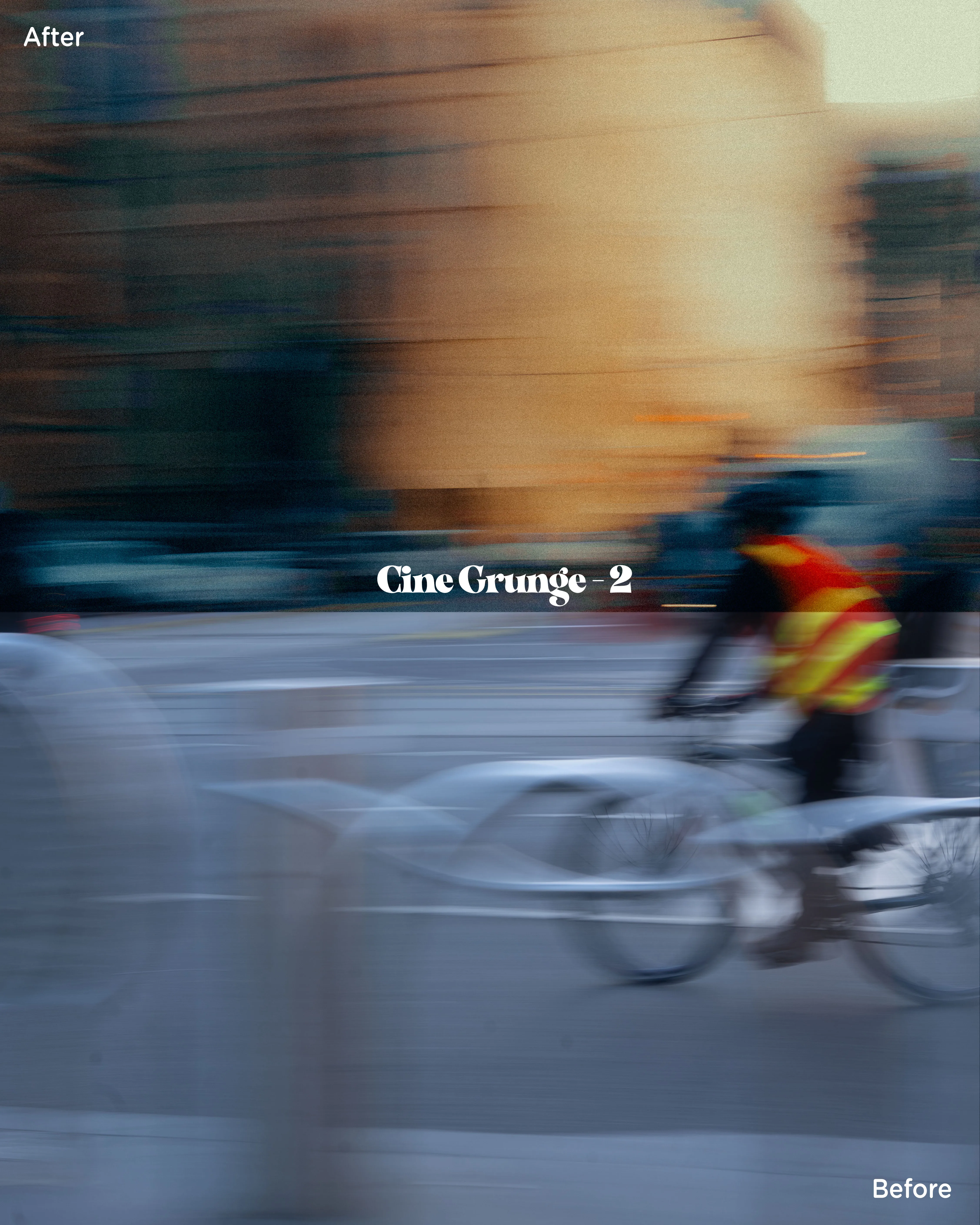 Diagonal before/after split showing Cine Grunge 2 deepening shadows and warming highlights on a blurred street scene.