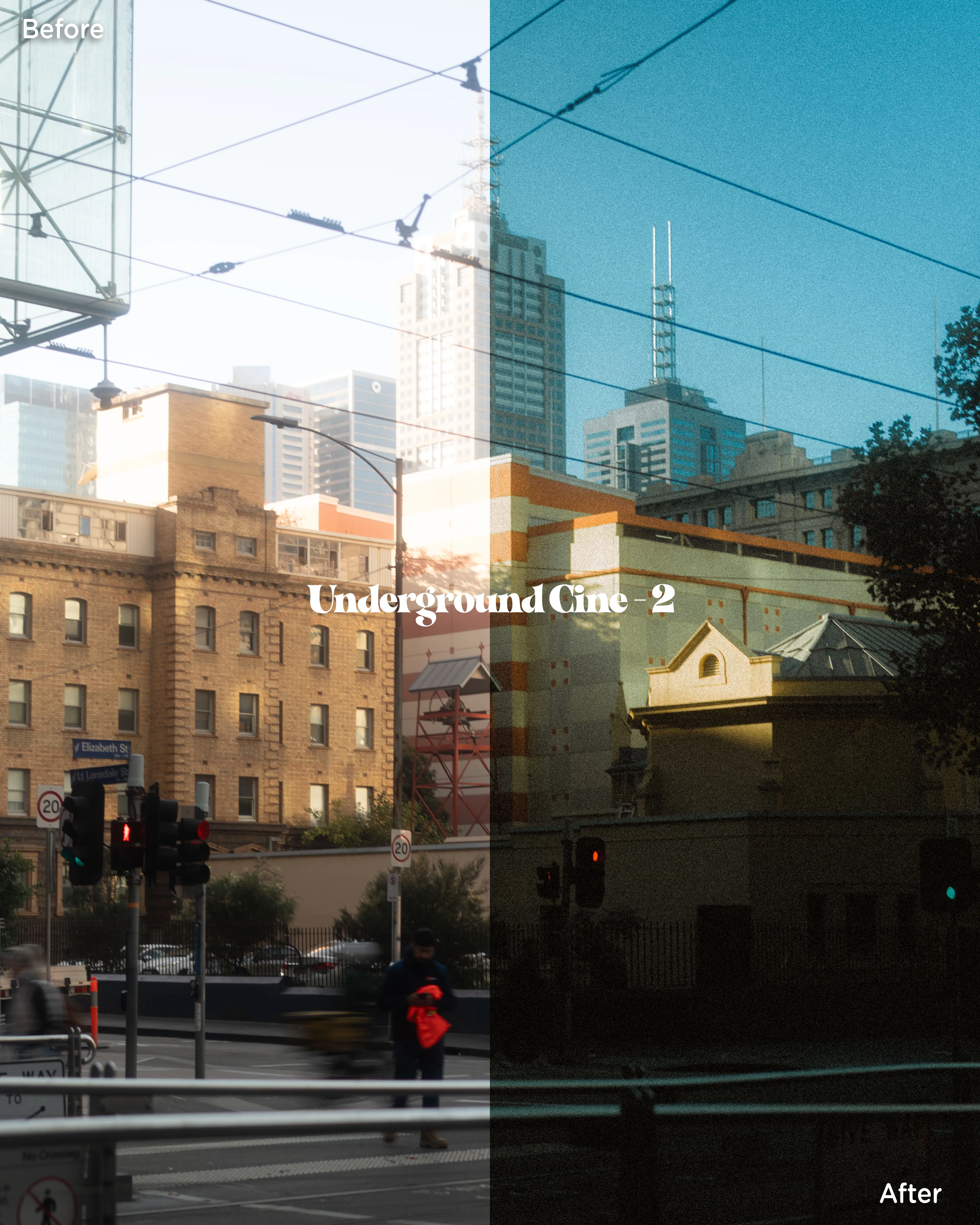 Diagonal before/after split showing Underground Cine 2 grading a night street toward teal shadows and warm highlights.