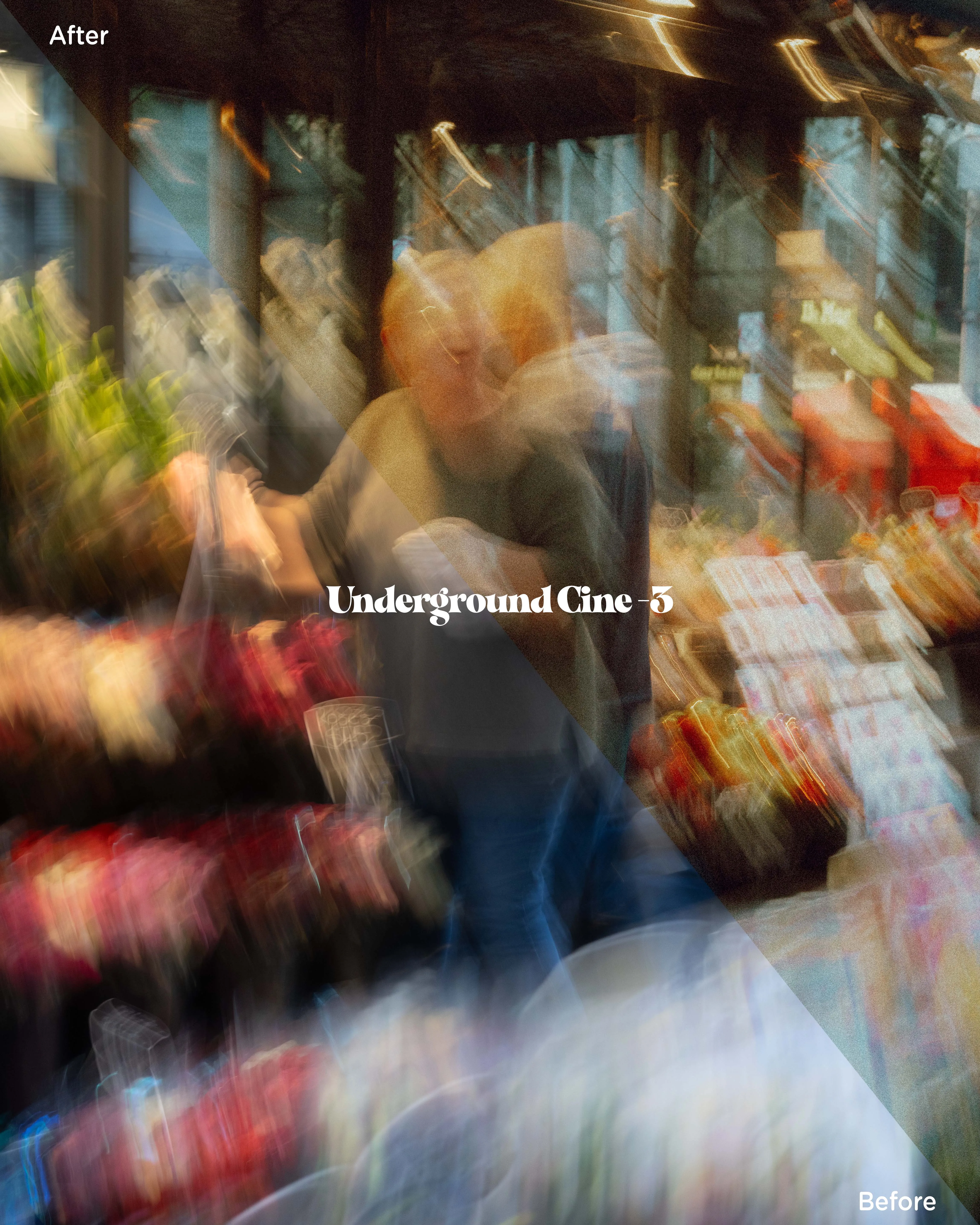 Diagonal before/after split showing Underground Cine 3 deepening contrast on a low-light urban scene.